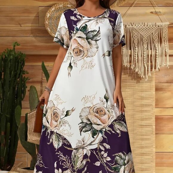 Women's Plus Size Elegant Floral Print Color Block Long Vacation Maxi Dress 18W - Picture 1 of 7